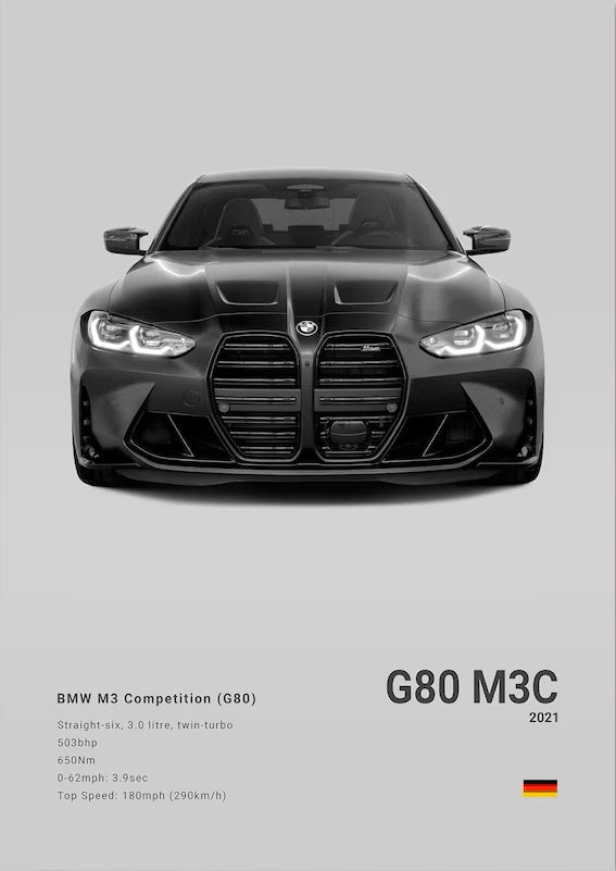 BMW M3 Competition G80 car poster | Wall Art for your interior decoration Euro Premium Parts Gray 12" by 18"