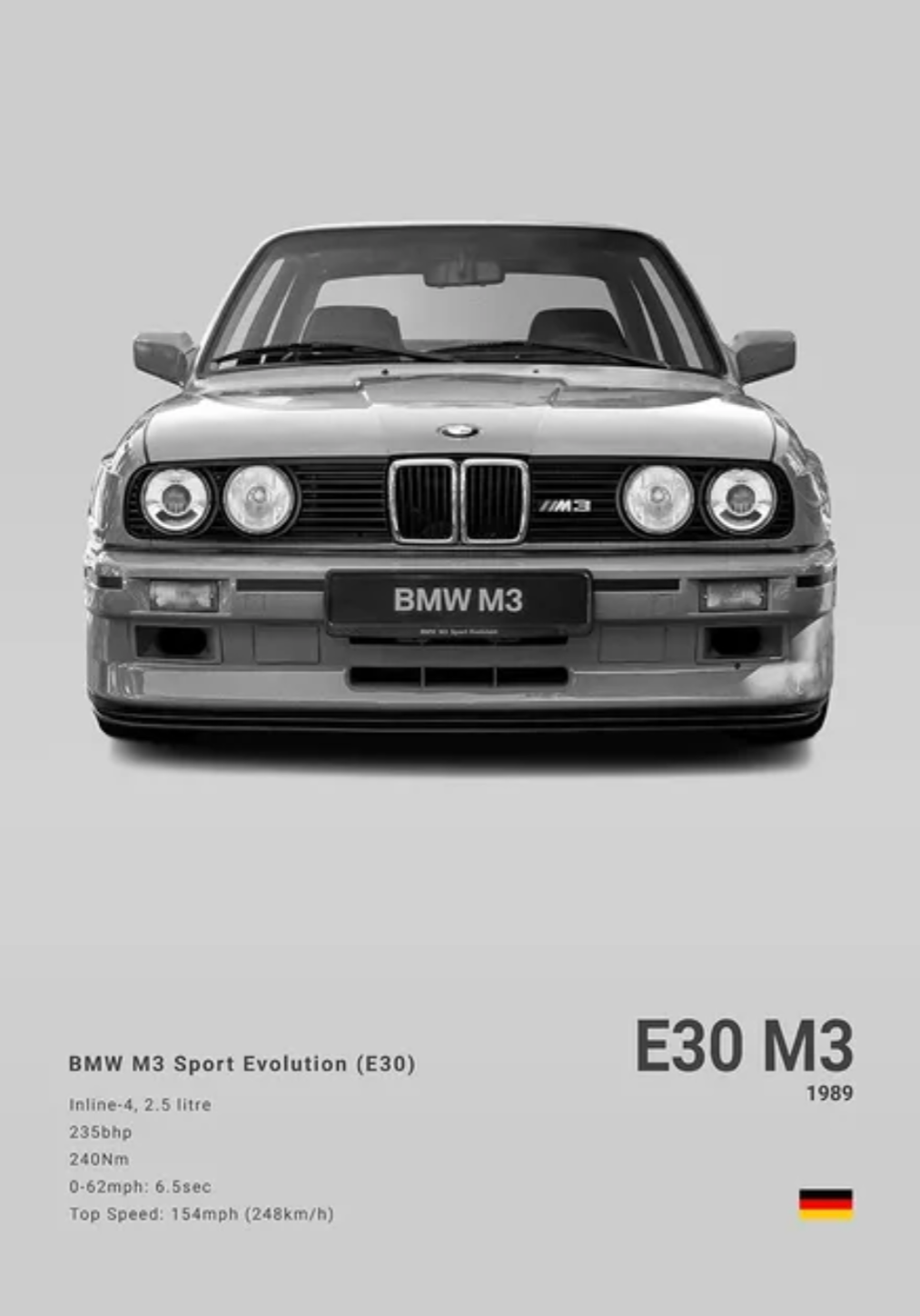 BMW M3 E30 car poster | Wall Art for your interior decoration Euro Premium Parts Gray 12" by 18"