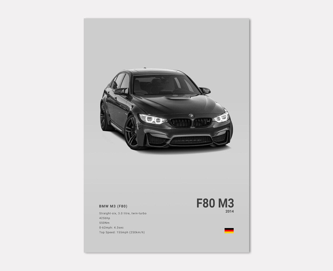 BMW M3 F80 car poster | Wall Art for your interior decoration Euro Premium Parts Light 12" by 18"
